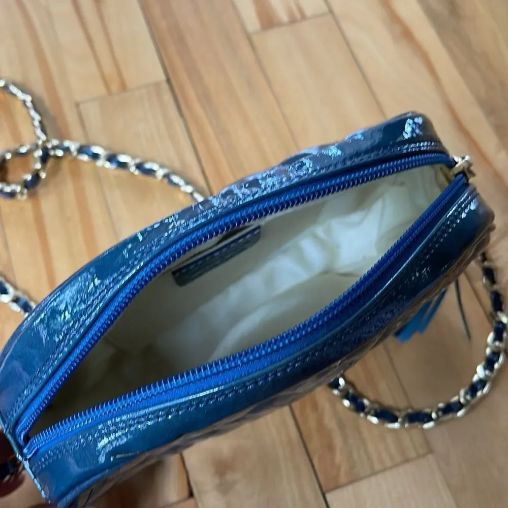 Nordstrom deep teal quilted patent leather woven chain crossbody bag. Tassel zip